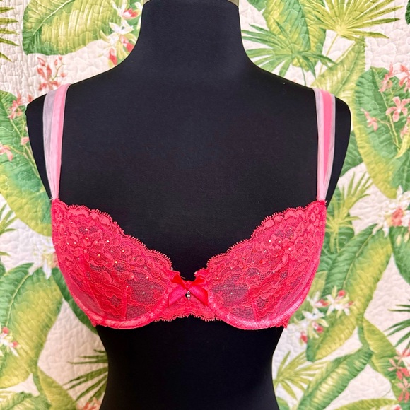 Victoria's Secret Other - Victoria’s Secret 32B Swarovski Crystal Very Sexy Unlined Demi Hot Pink Lace Bra
